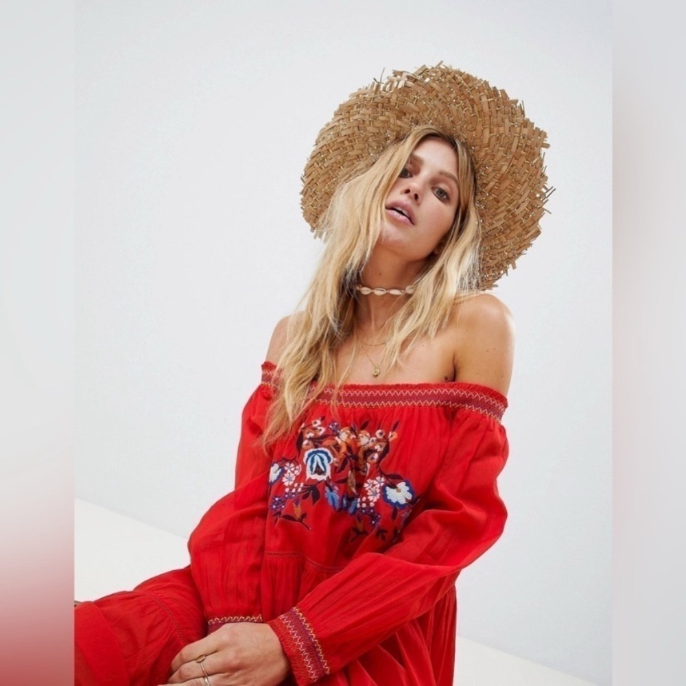 NWT FREE PEOPLE SUNBEAMS EMBROIDERED DRESS RED Boho Cottagecore Romantic Summer